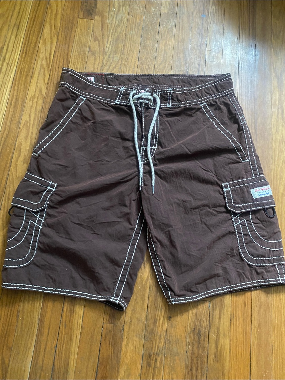 True Religion Brown Swim Trunks with White Stitching